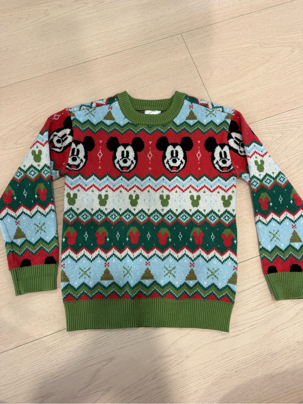 Disney Kids Holiday Mickey Mouse Green & Red Fair Isle Crewneck Sweater | 4T